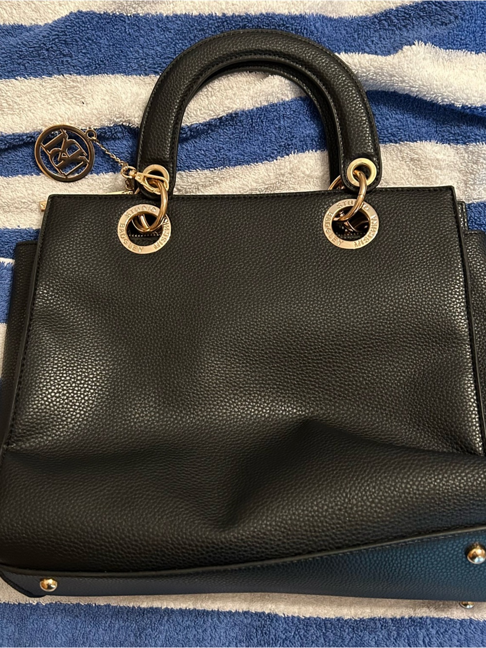 Badgley Mischka Black Pebbled Leather Satchel with Gold Hardware